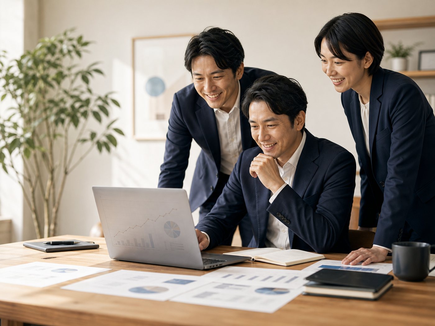 売上の伸びを確認して笑顔を見せる経営者とチーム