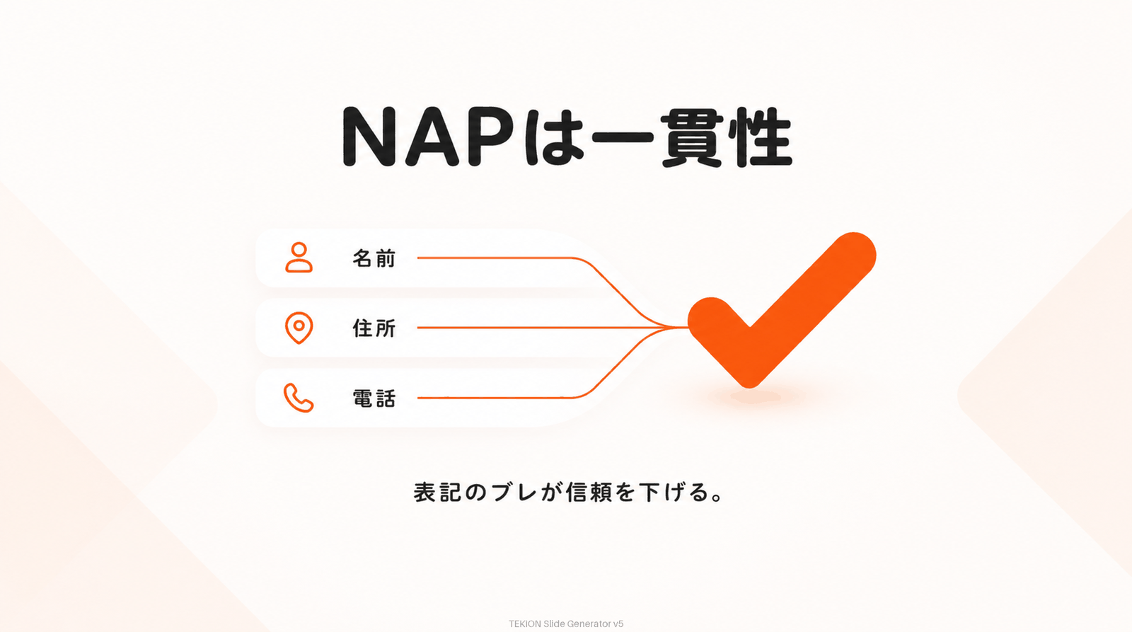 店名・住所・電話（NAP）は一貫した表記に。