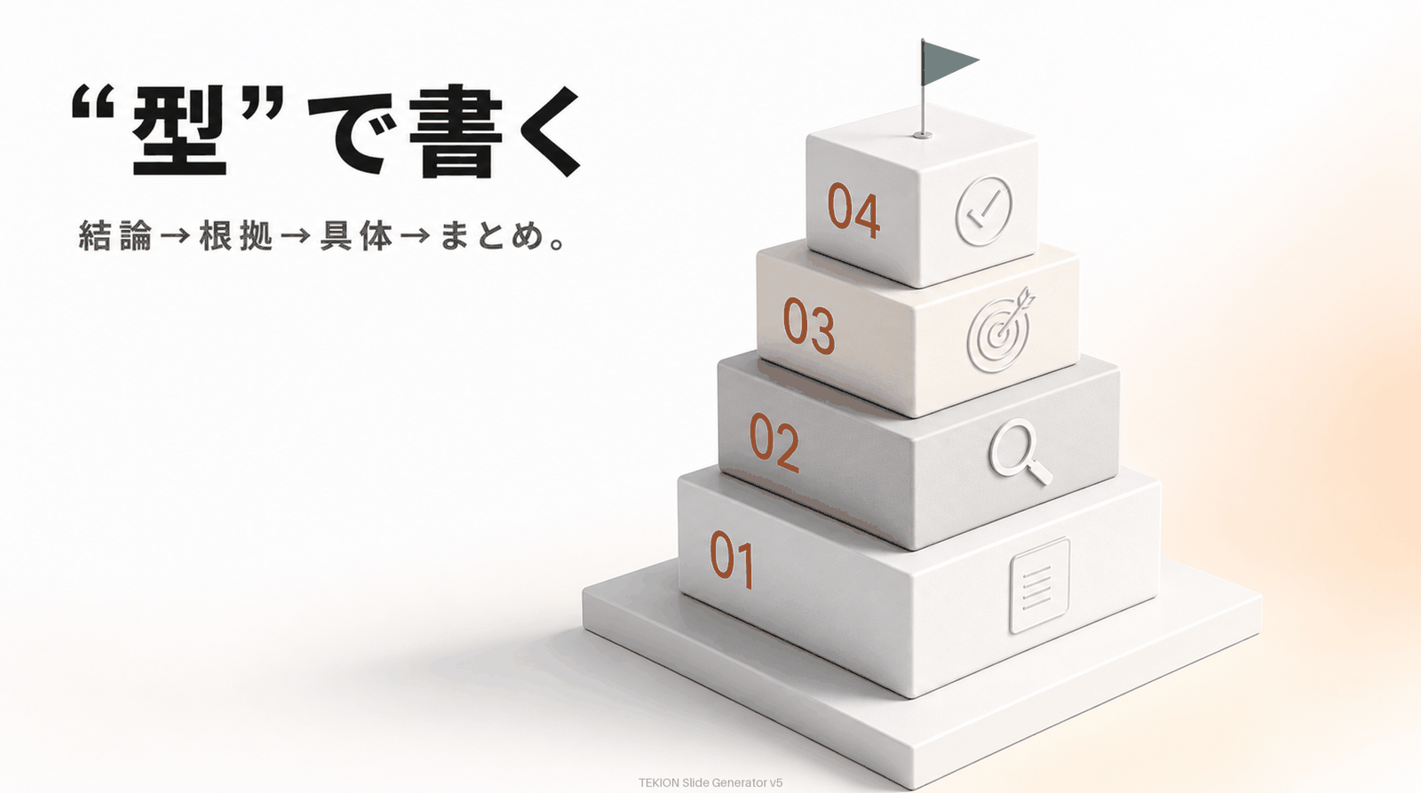 結論→根拠→具体→まとめ→FAQの型。
