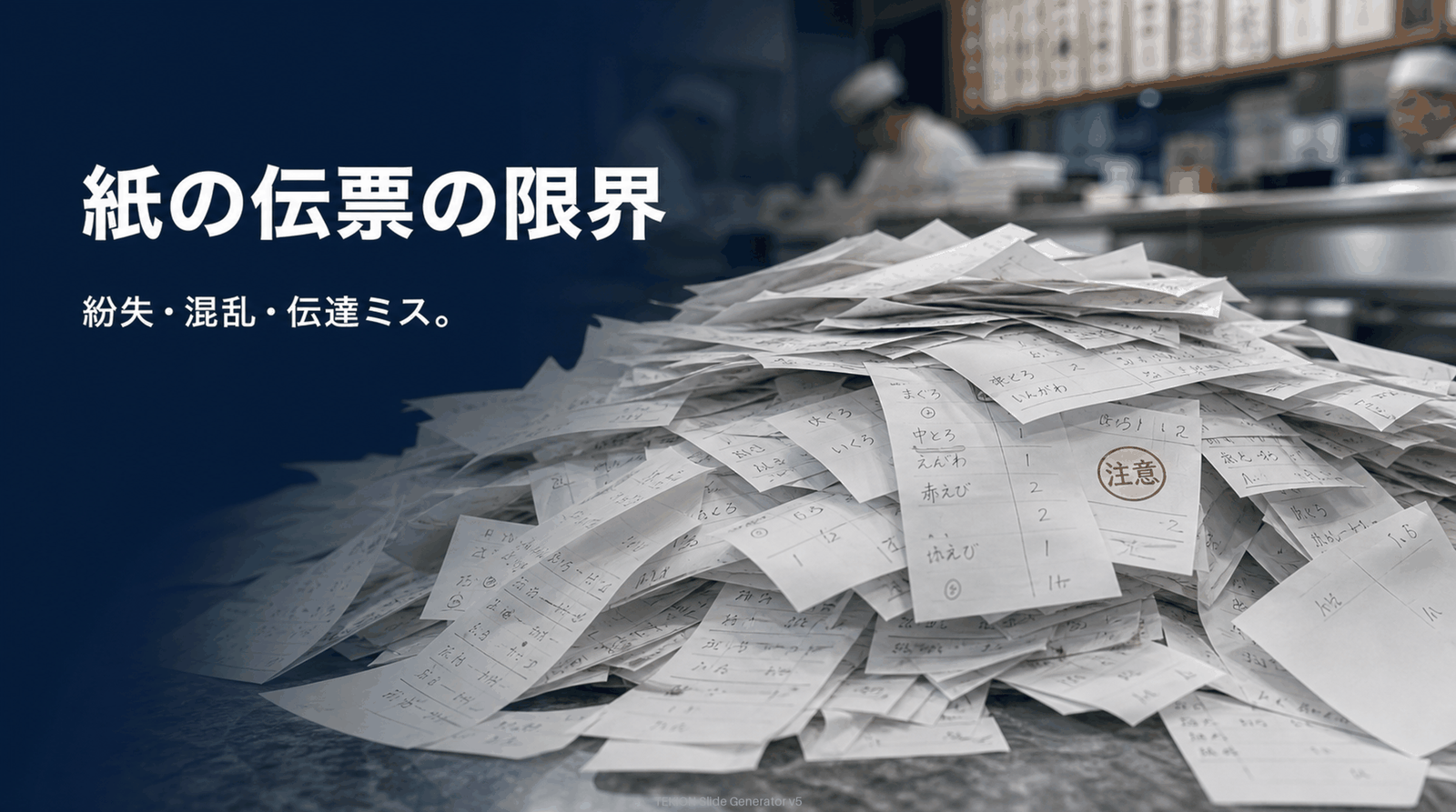 紙の伝票は紛失・混乱を生む。